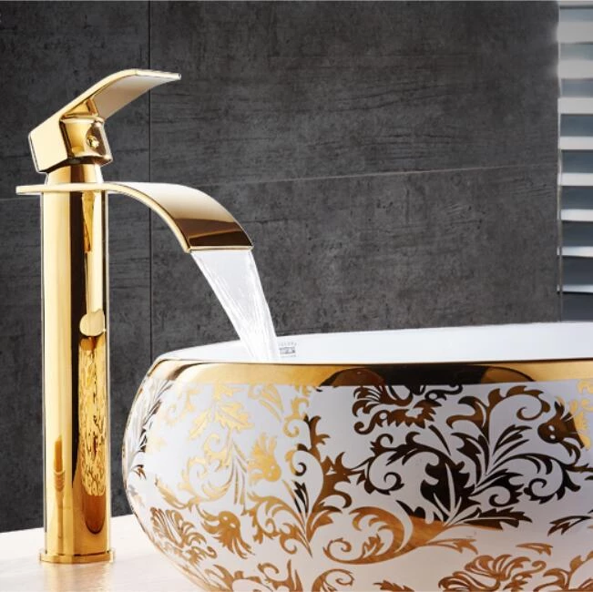 Grifos de baño dorados, moderno grifo de baño de un solo agujero, grifo de  baño con boquilla de cascada, grifo de baño dorado cepillado con ensamblaje